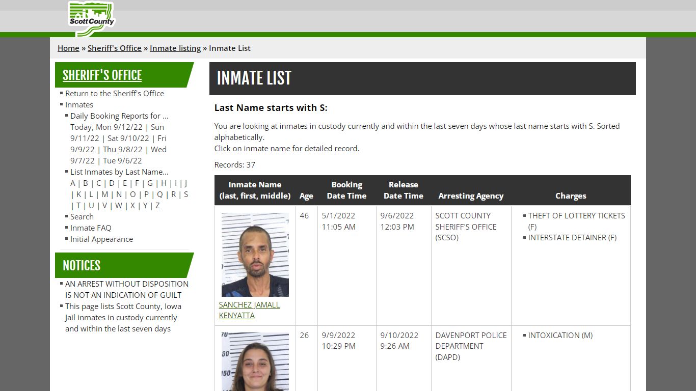 Inmate List - Scott County, Iowa